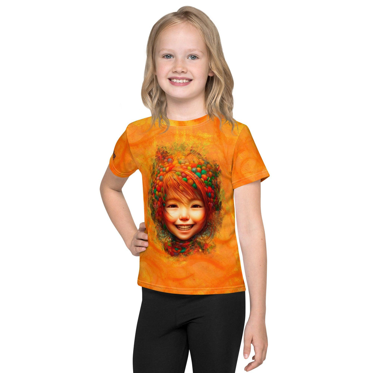 Child wearing Enchanted Iris Wonder crew neck T-shirt in a playful pose.