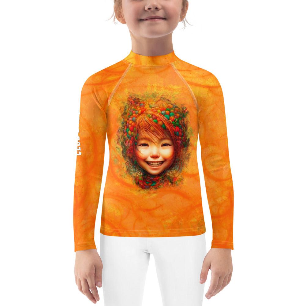 Child wearing Enchanted Iris Wonder Kids Rash Guard with floral design.