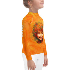 Enchanted Iris Wonder Rash Guard details - UPF 50+ label and stitching.