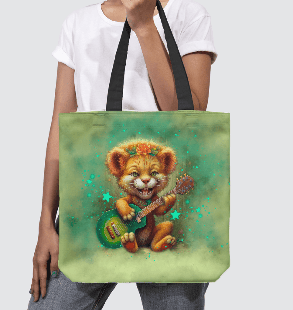 Close-up of Enchanted Lion Eyes design on Basketweave Tote Bag