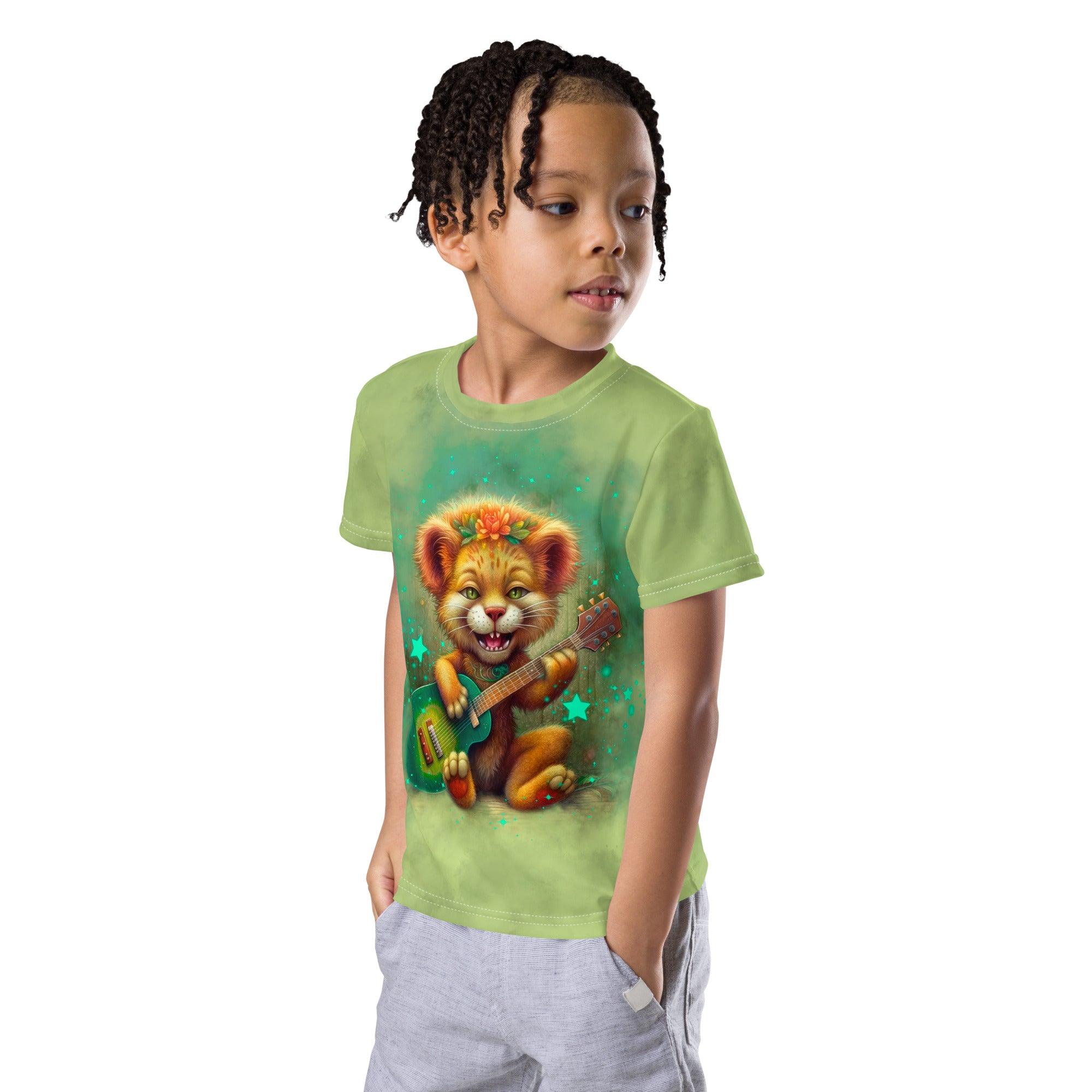 Happy kid modeling colorful lion eyes crew neck t-shirt.