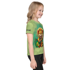 Side view of a child wearing the Enchanted Lion Eyes kids t-shirt.