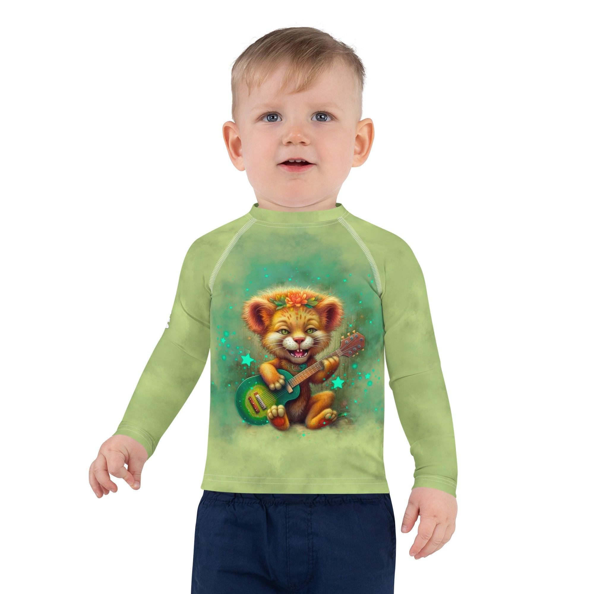 Side view of child in Lion Eyes Kids Rash Guard enjoying the outdoors.