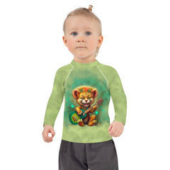 Back view of Enchanted Lion Eyes Kids Rash Guard on a child.