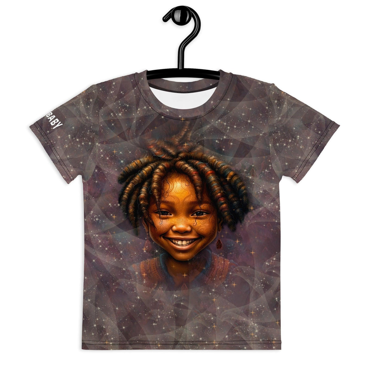 Child wearing enchanted pupil portrait t-shirt with crew neck design.