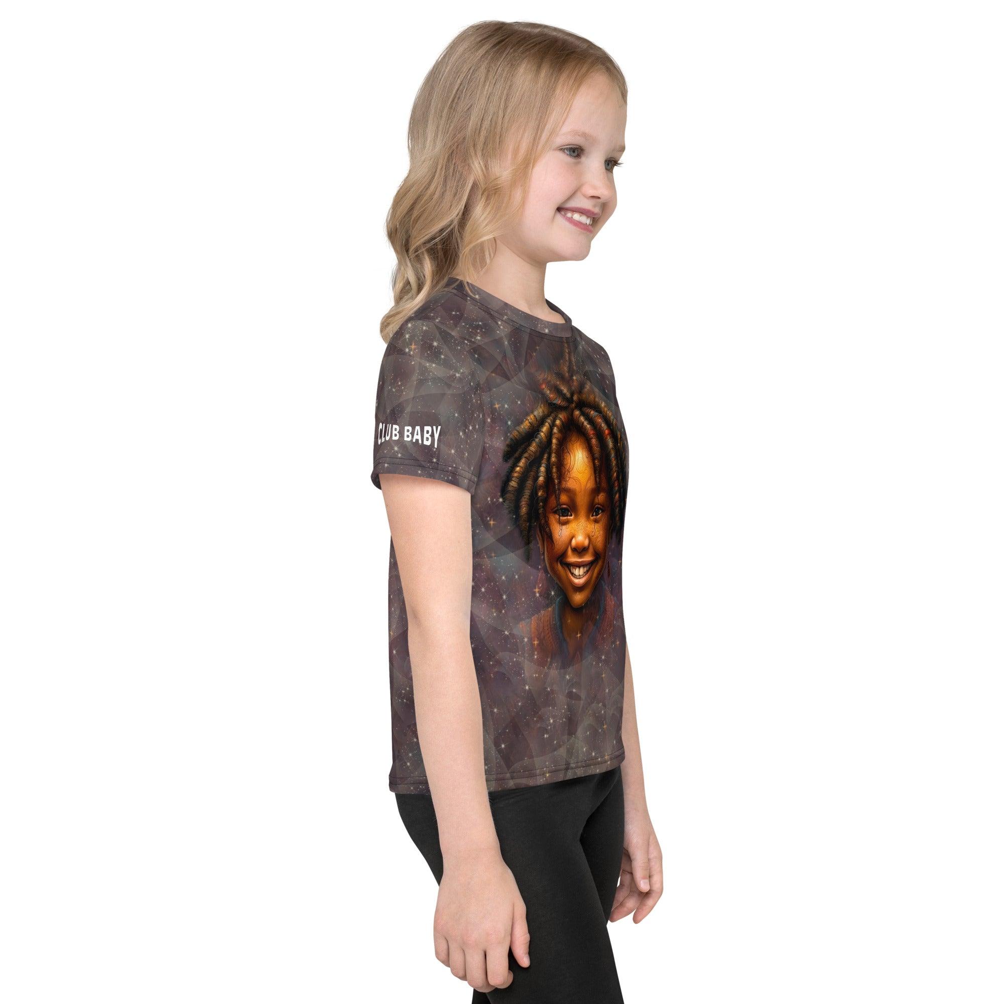 Side view of child in enchanted pupil crew neck t-shirt for kids.