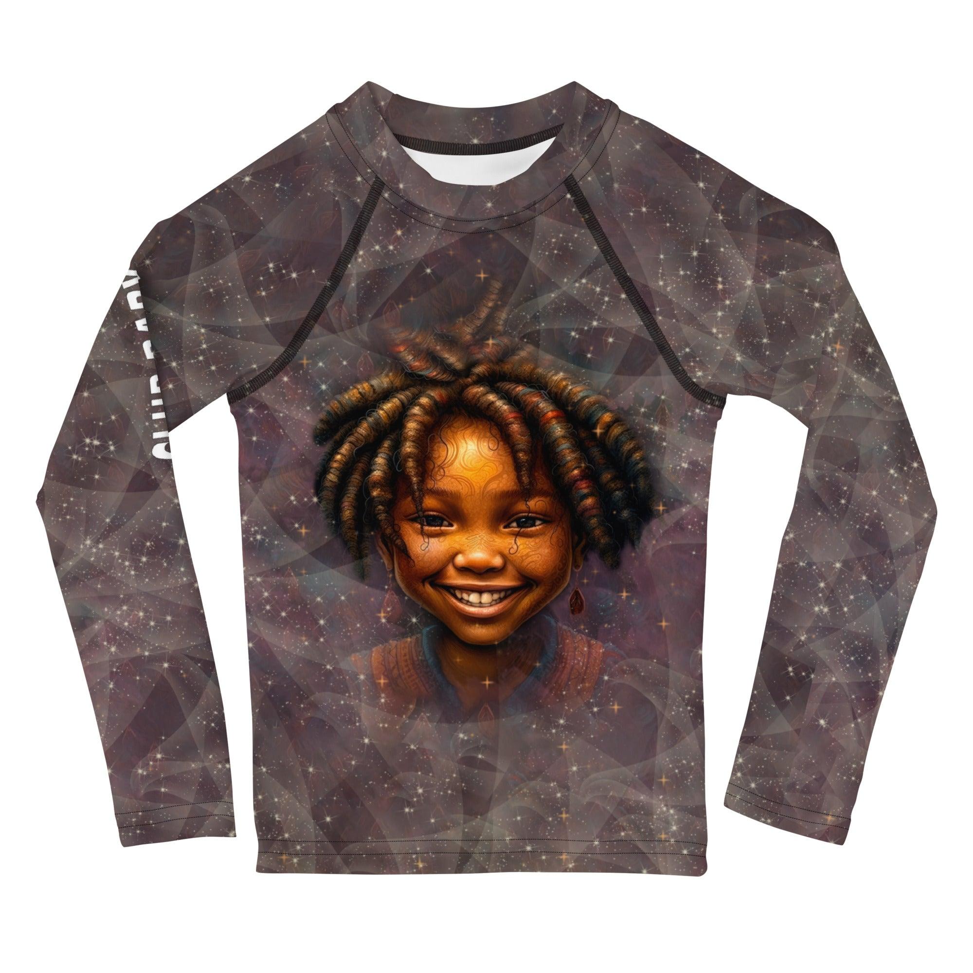 Child smiling in enchanted pupil portraits kids rash guard.