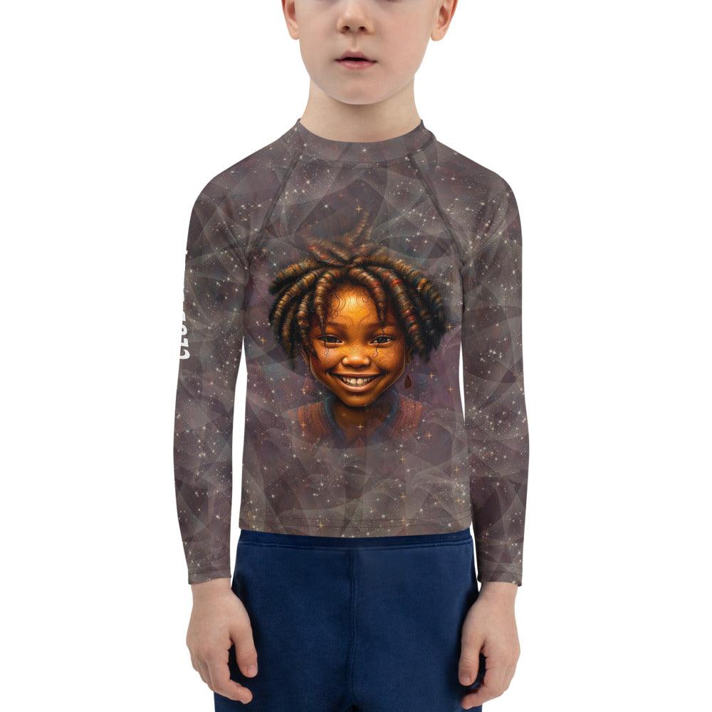Kid surfing wearing pupil portrait rash guard for protection.