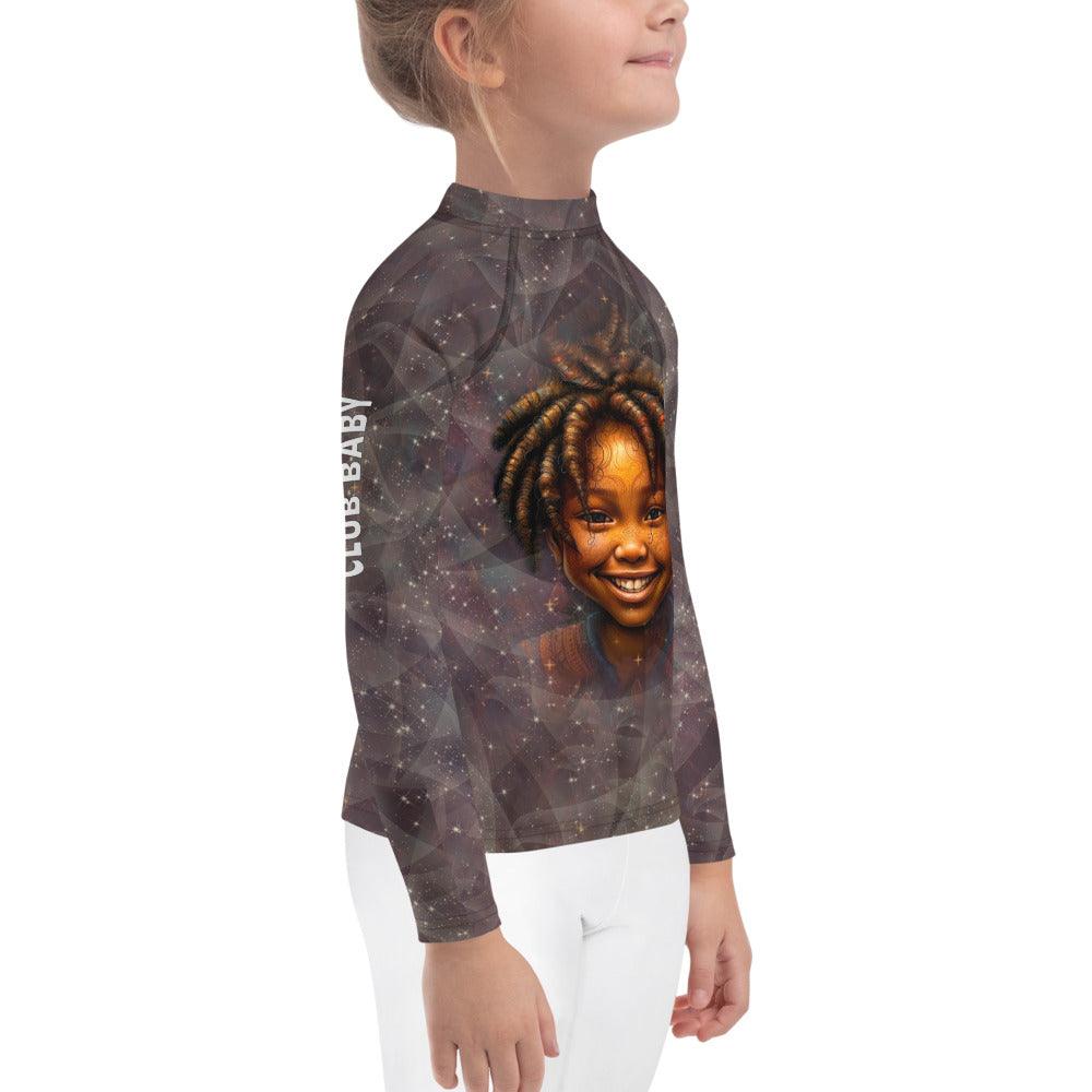 Back view of kids enchanted pupil rash guard in action.