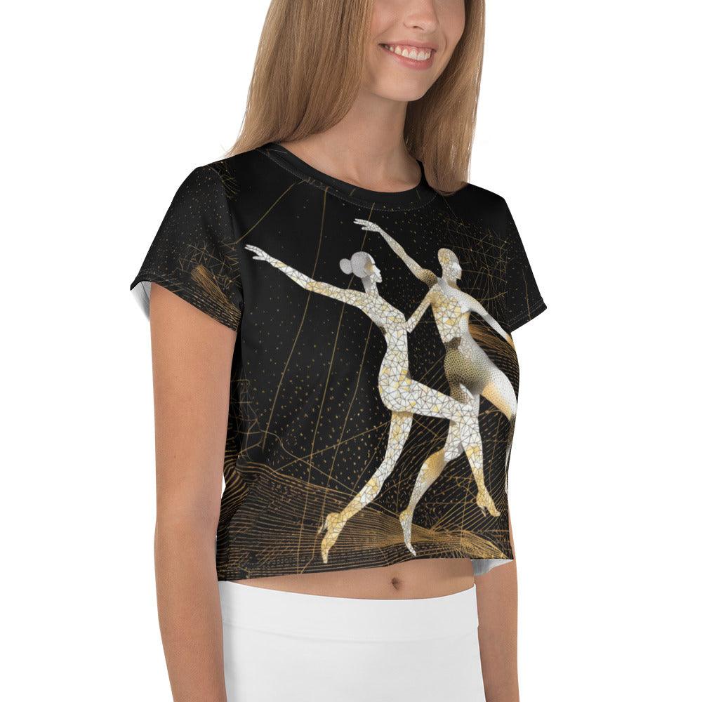 Model wearing Enchanting Balletic Fashion all-over print crop tee.