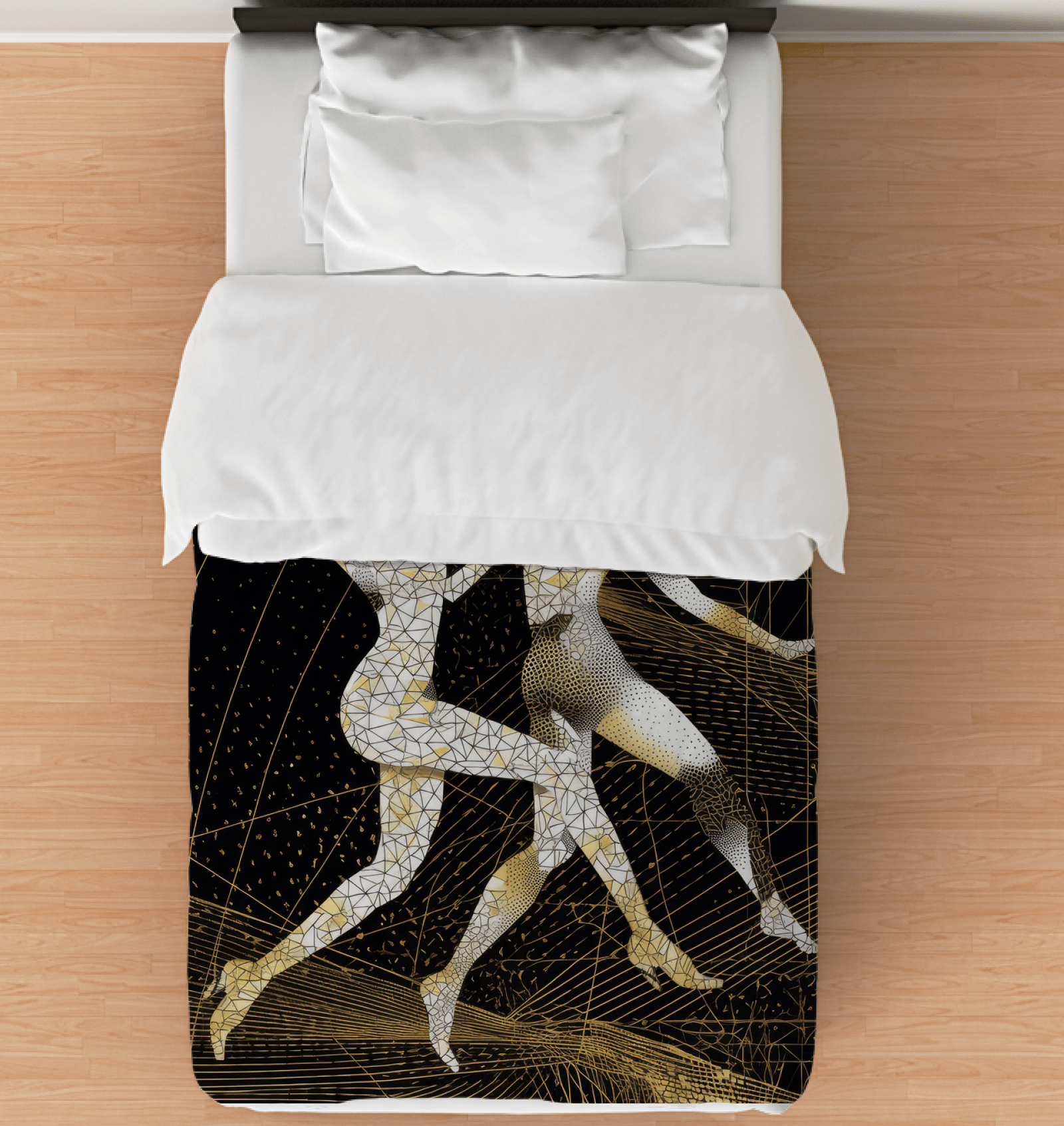 Elegant balletic fashion-inspired duvet cover on a plush bed.