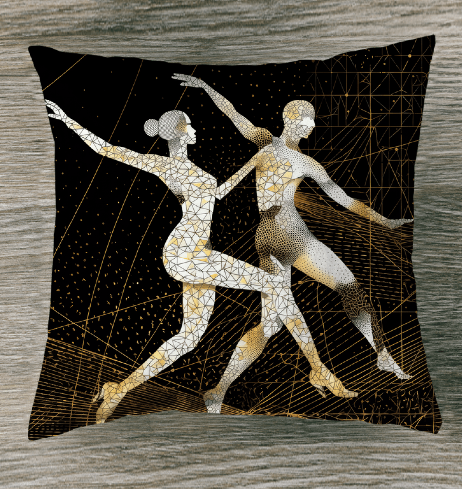 Enchanting Balletic Fashion pillow displayed on garden bench