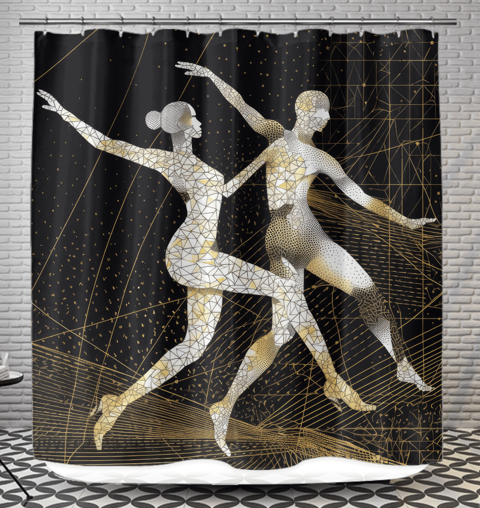 Stylish balletic fashion shower curtain adding elegance to bathroom decor.