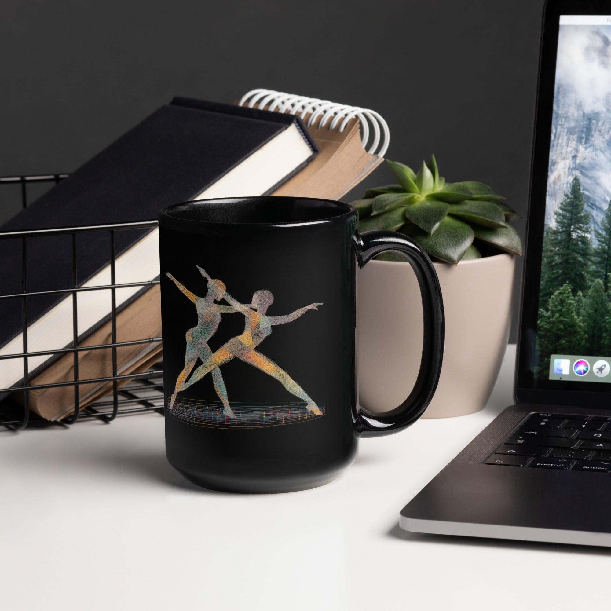 Elegant black coffee mug with enchanting women dance artwork.