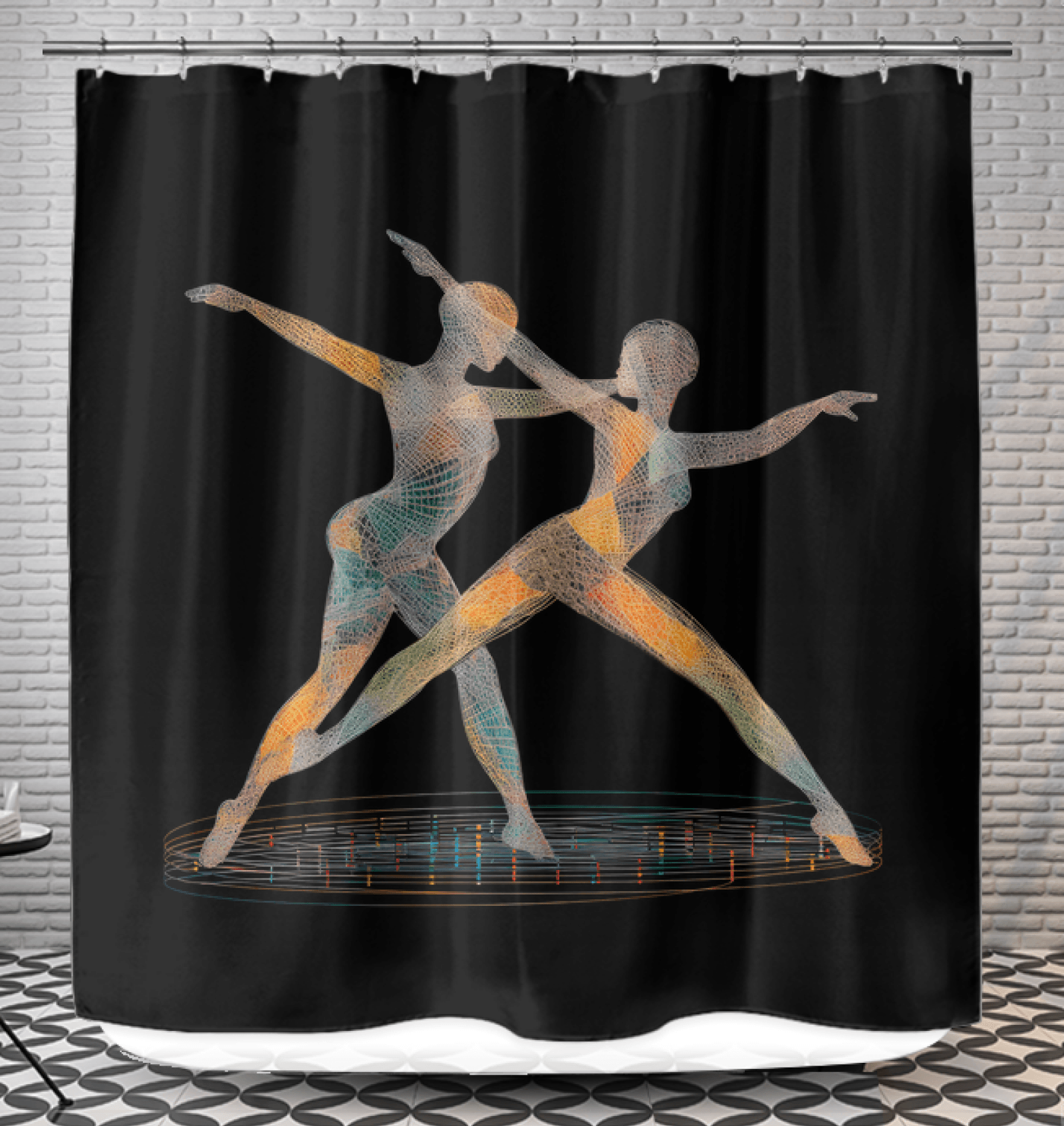 Artistic shower curtain featuring the enchanting dance of women in elegant motion.