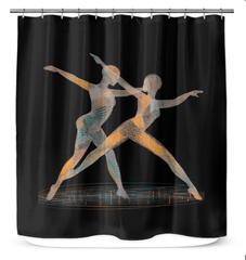 Elegant bathroom decor with a shower curtain showcasing women dancing beautifully.