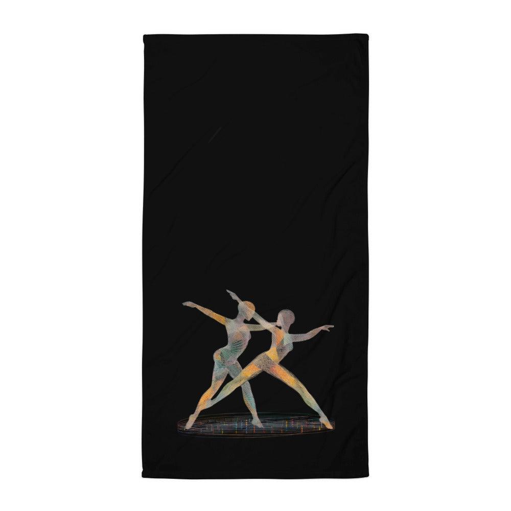 Artistic depiction of dancing women on a luxurious bath towel.