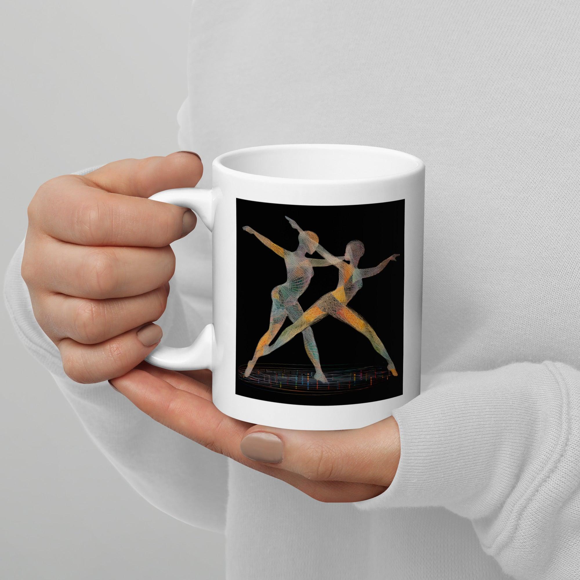Elegant white coffee mug featuring a unique dance-themed illustration.
