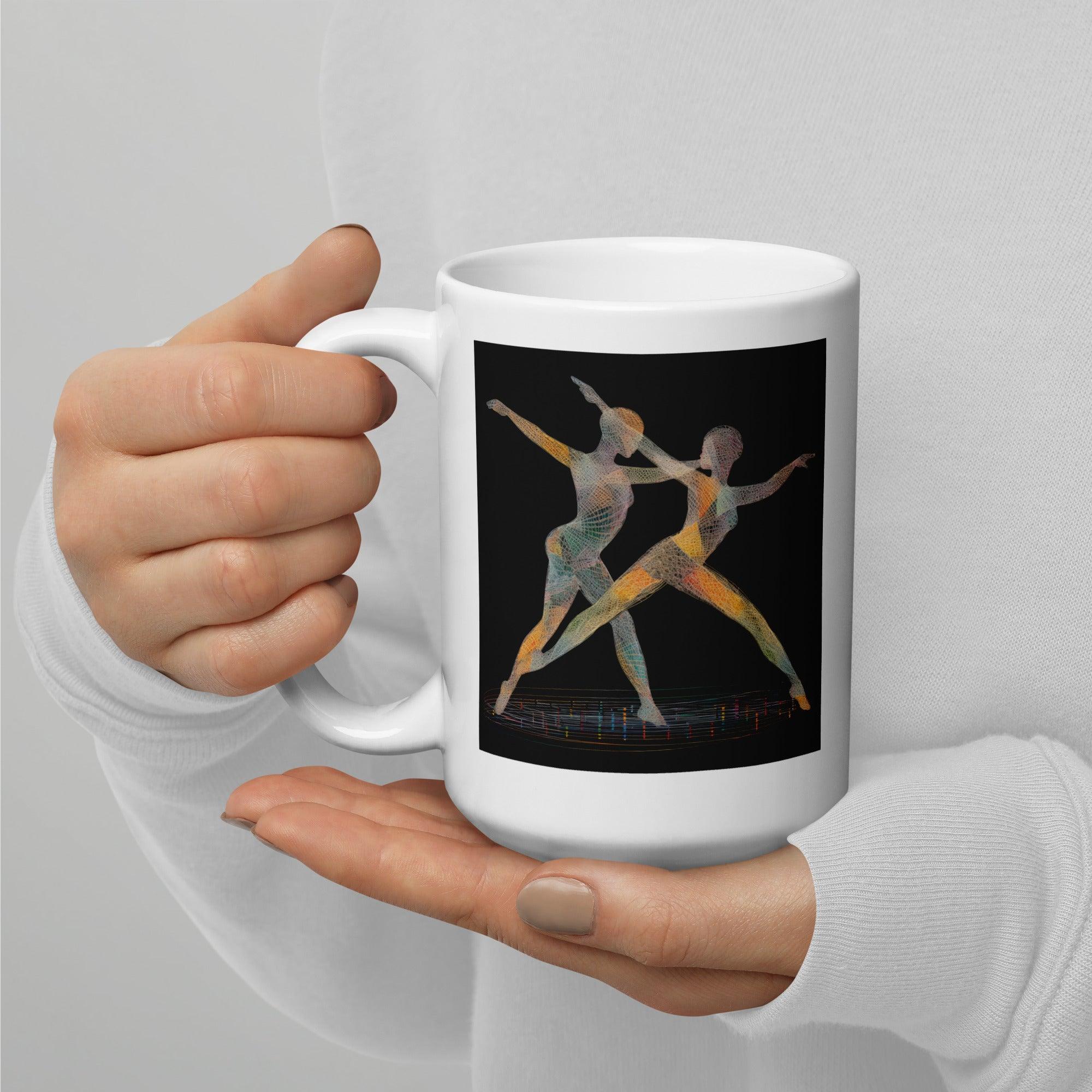 Ceramic mug with glossy finish showcasing an enchanting dance motif.