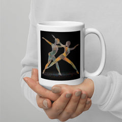 Stylish coffee cup with white gloss and women in dance pose print.