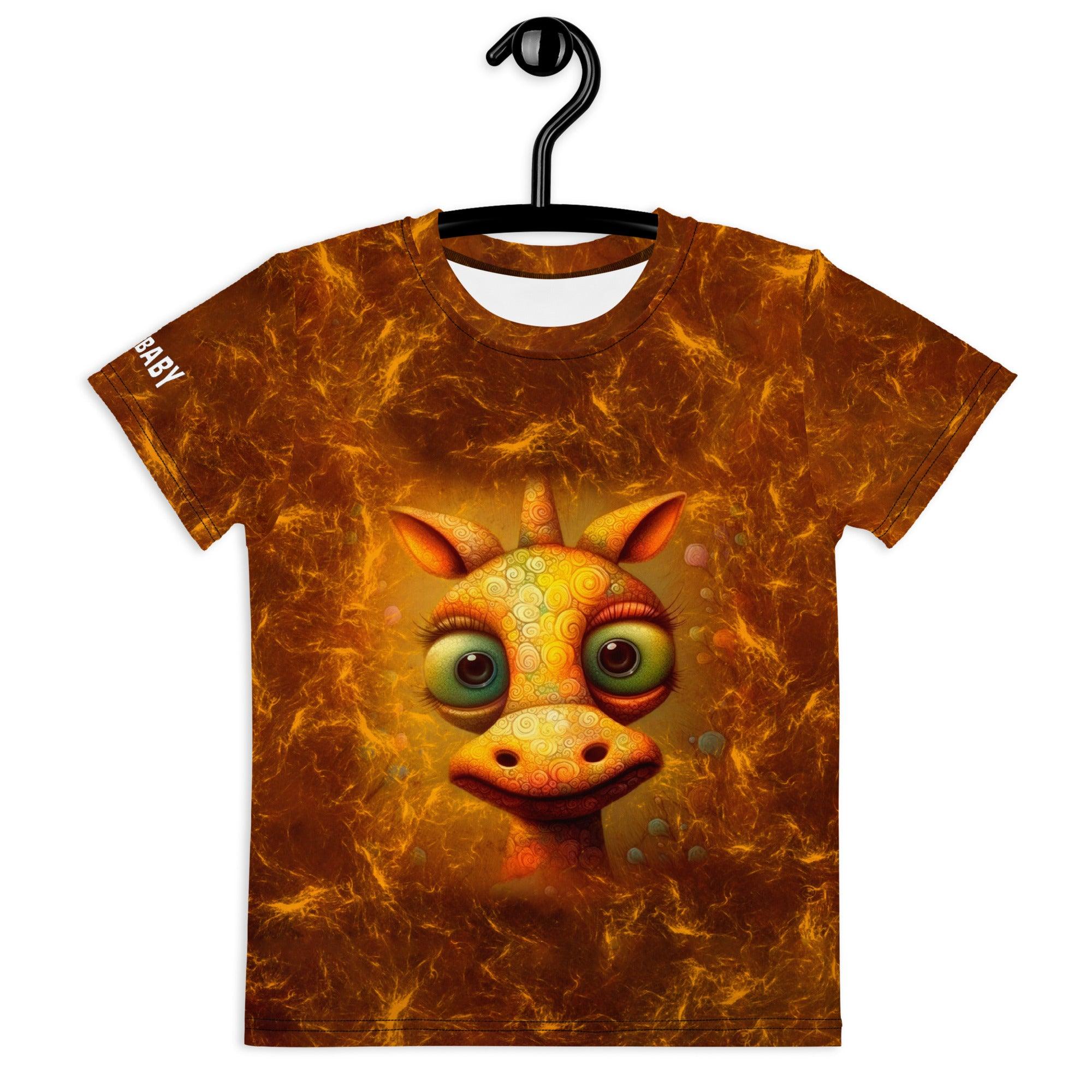 Enchanting Giraffe Glimmers print on kids crew neck T-shirt.