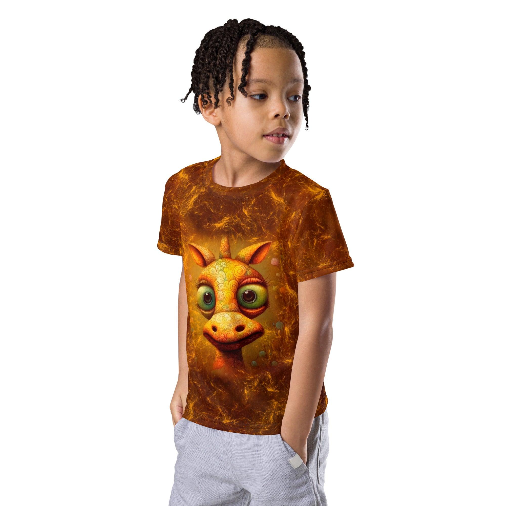 Close-up of giraffe glimmer design on children's T-shirt.