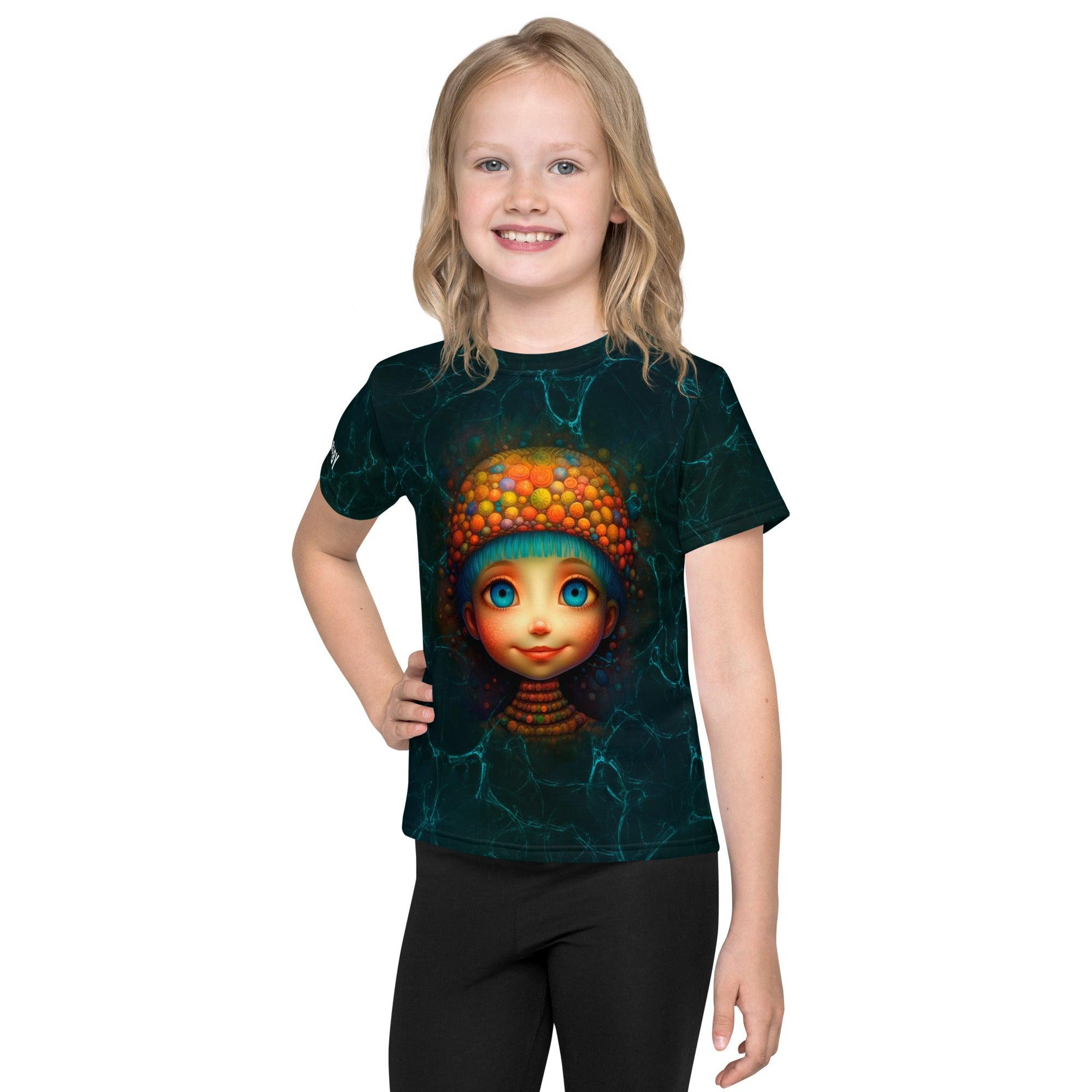 Child wearing Enigmatic Cherished Vision crew neck T-shirt with colorful print.