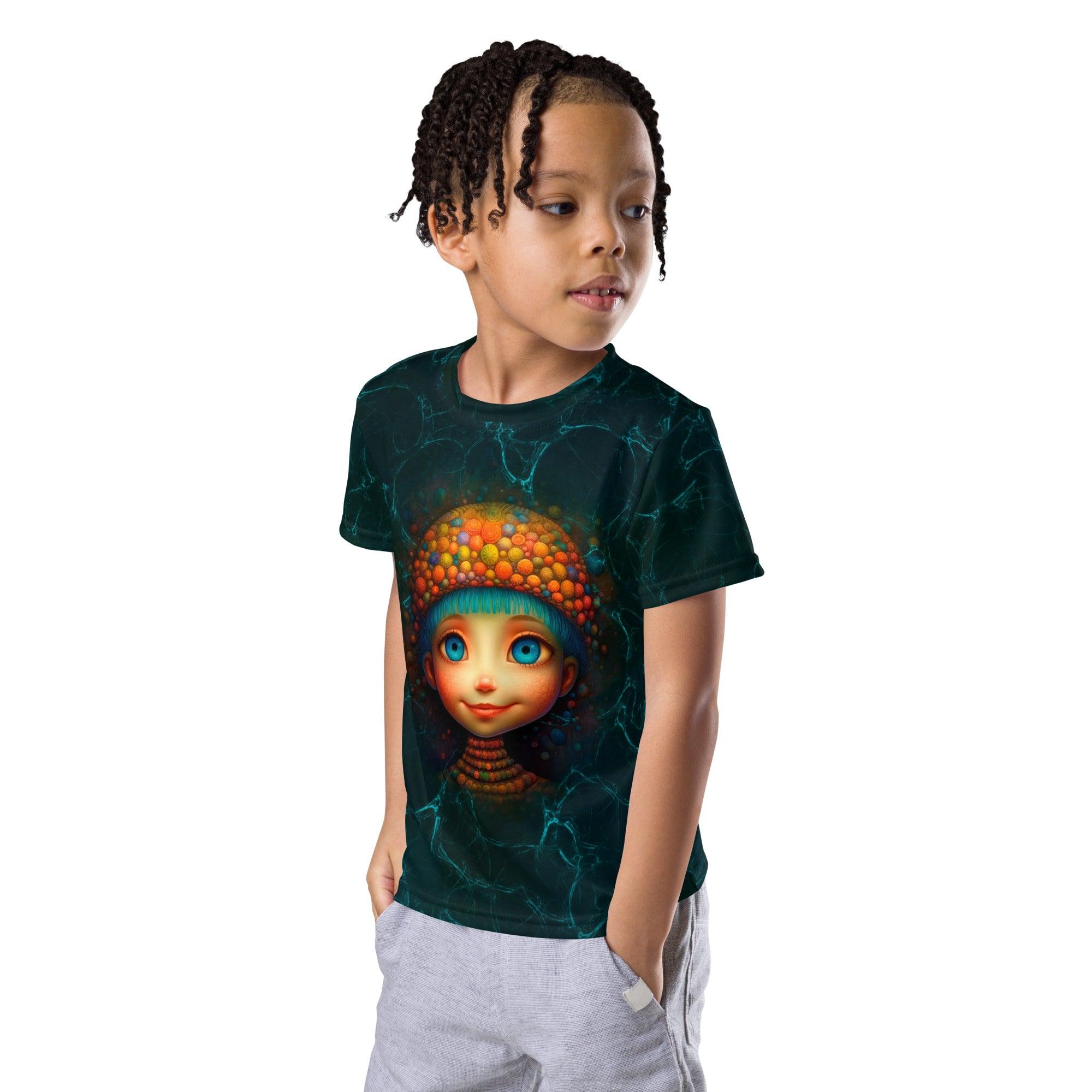 Side view of kid modeling the Cherished Vision crew neck T-shirt.