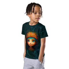 Side view of kid modeling the Cherished Vision crew neck T-shirt.