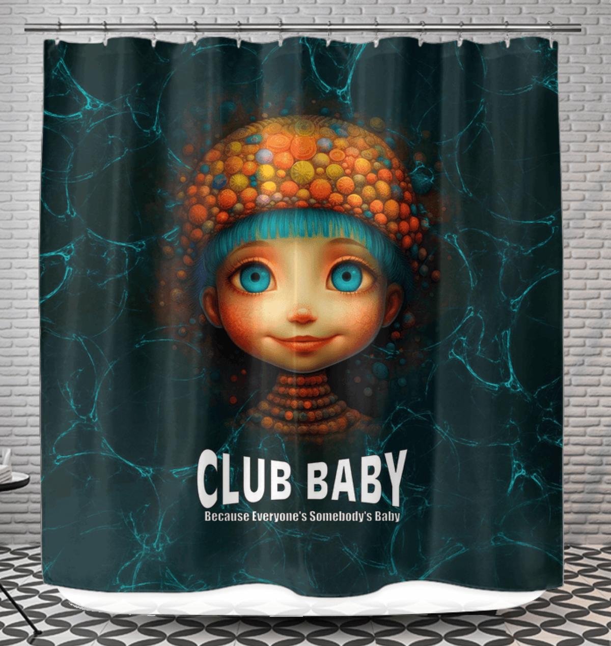 Close-up of Enigmatic Cherished Vision Shower Curtain with intricate design.