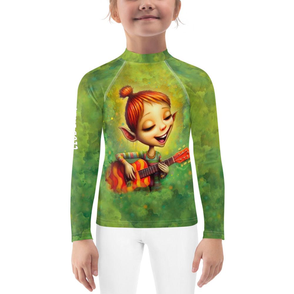 Child wearing Enigmatic Sprite Stares Rash Guard for swimming.