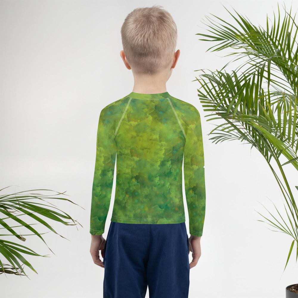 Colorful Enigmatic Sprite design on kids' rash guard.