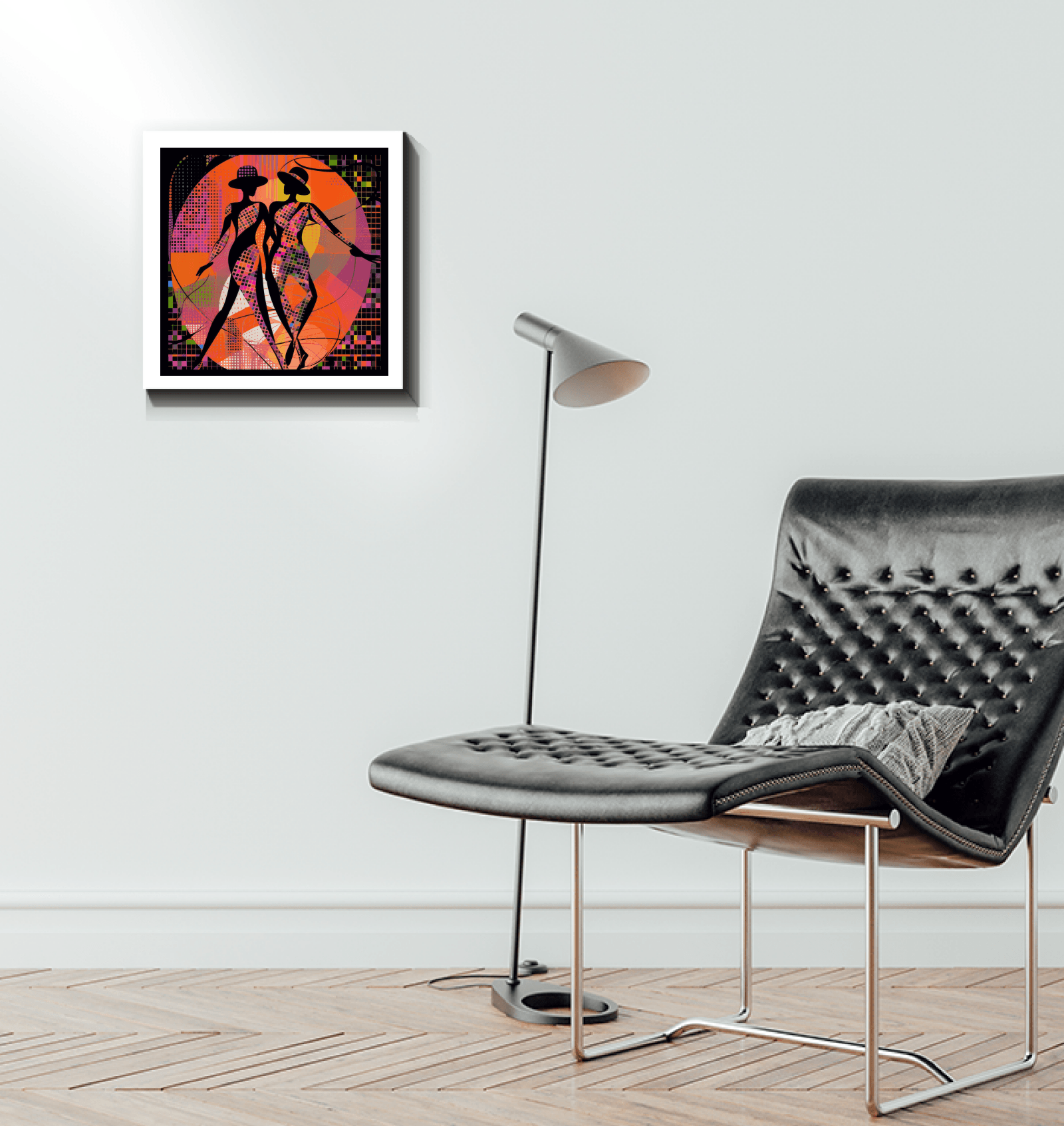 Elegant balletic style wrapped canvas displayed over a fireplace.