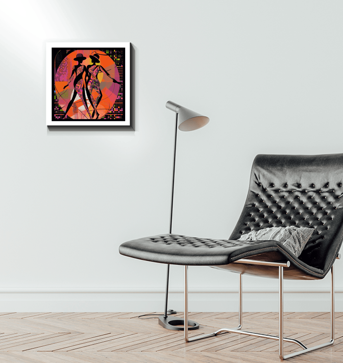 Elegant balletic style wrapped canvas displayed over a fireplace.