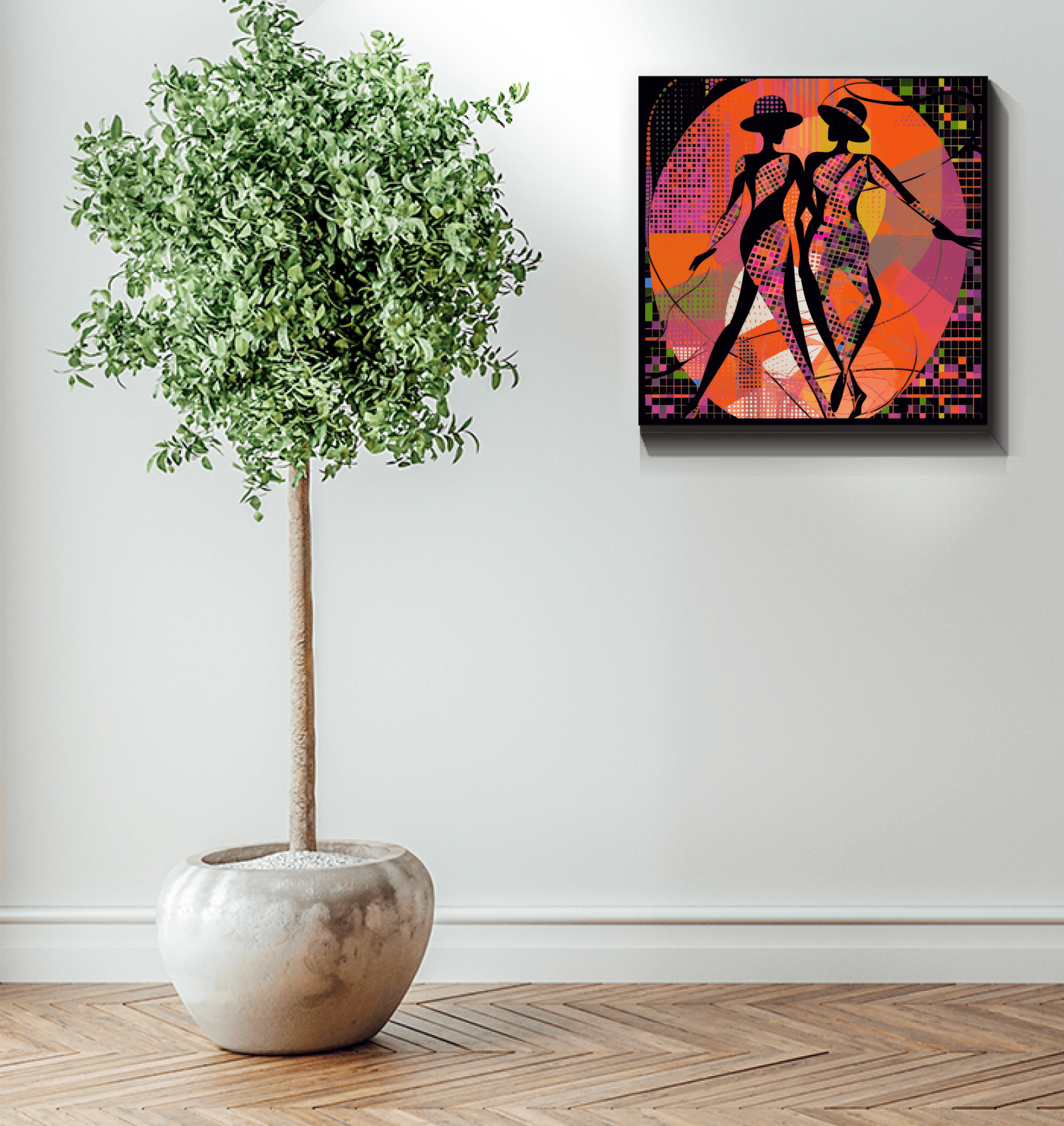 Enraptured balletic style canvas art hanging in a chic bedroom.