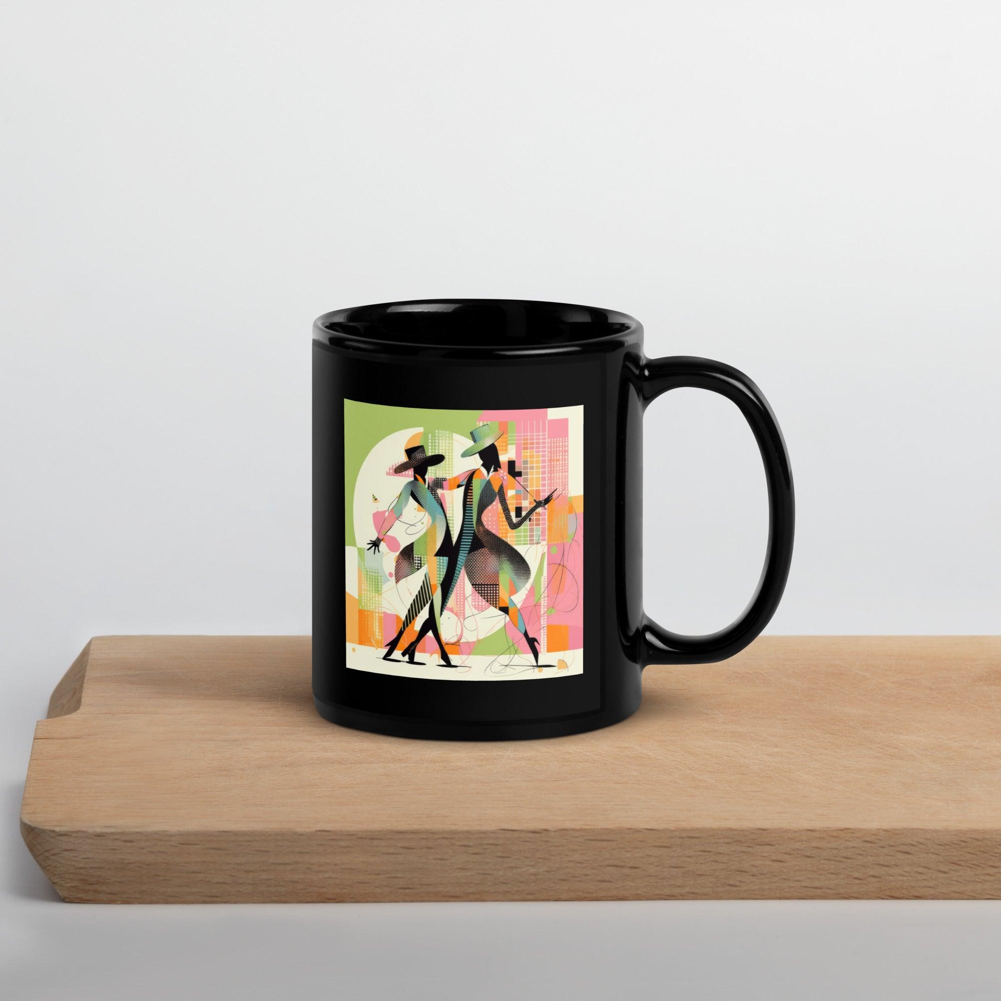 Black glossy mug with women's dance form silhouette.
