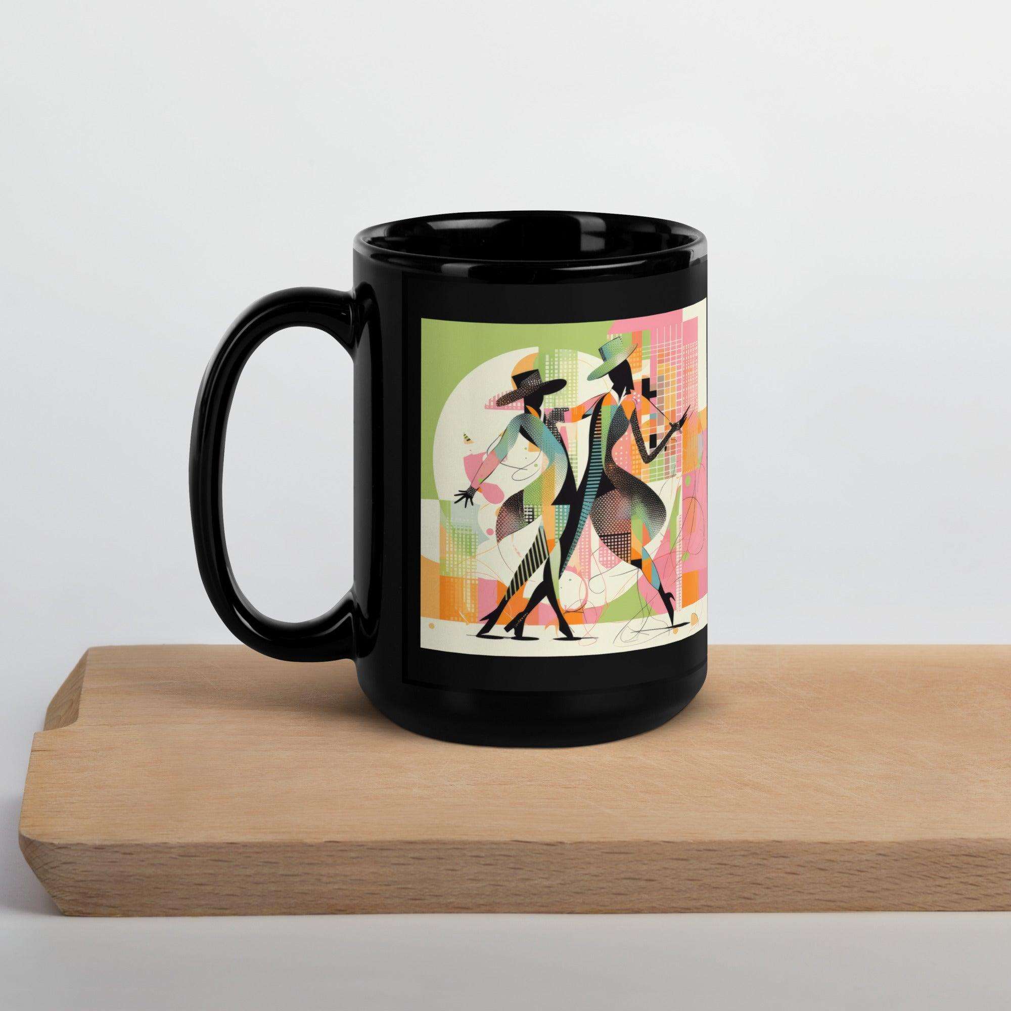 Stylish mug with black glossy finish and dance motif.
