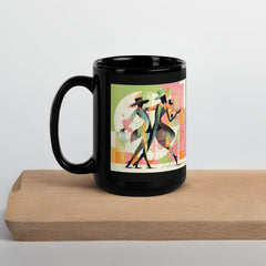 Stylish mug with black glossy finish and dance motif.