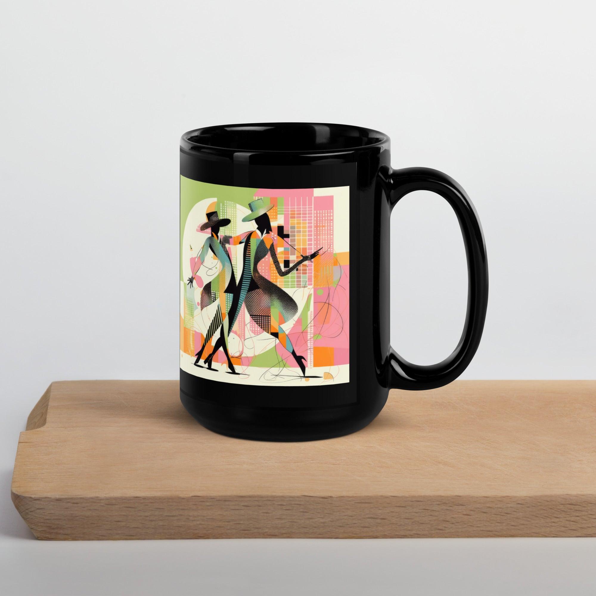 Elegant black mug featuring women’s dance artwork.