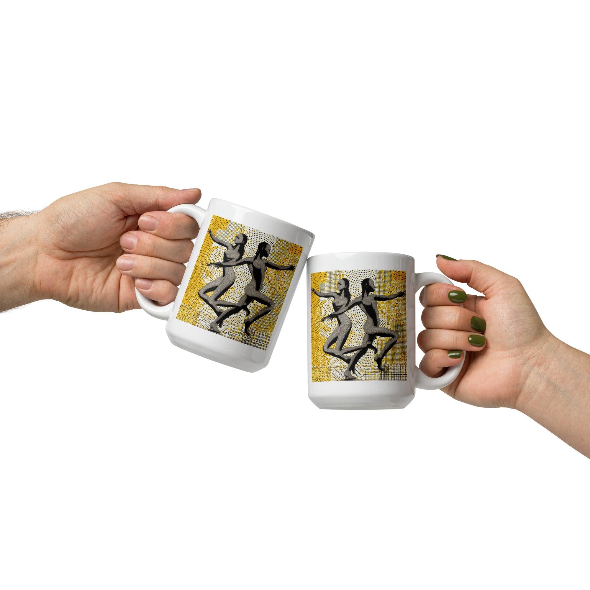 Enraptured Women's White Glossy Mug with dance motifs.