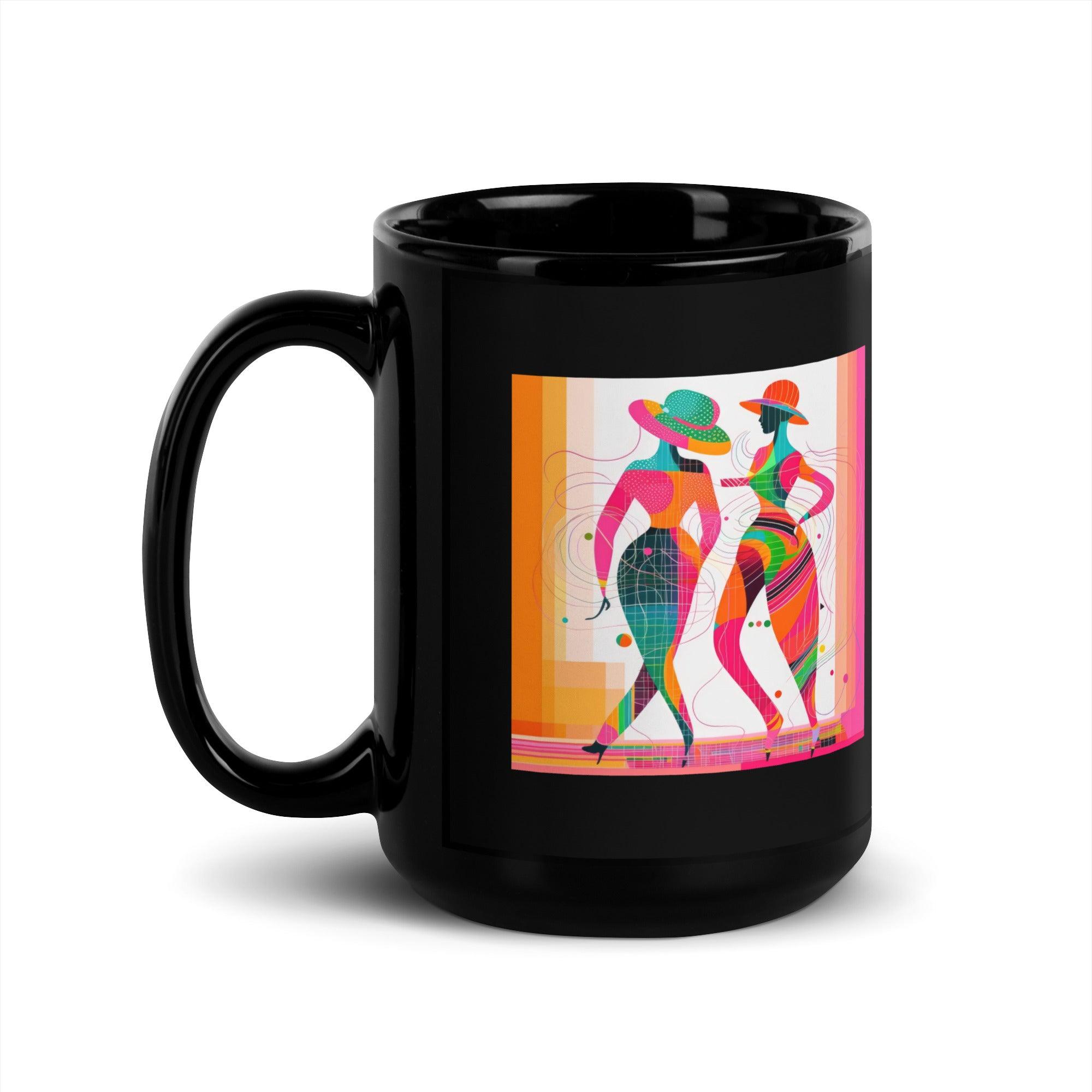 Black glossy mug with ethereal design, perfect for coffee lovers.