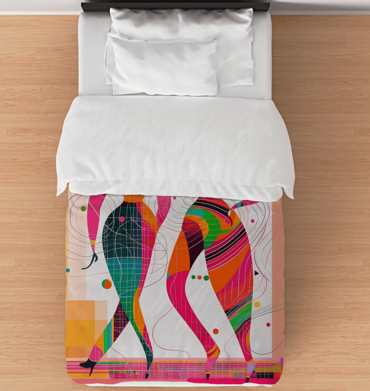 Ethereal Balletic Fashion Duvet Cover displayed on a bed, highlighting its intricate design and luxurious texture.