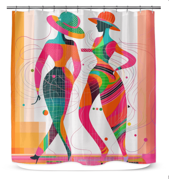 Ethereal balletic fashion-inspired shower curtain displaying elegant designs for stylish bathroom decor.