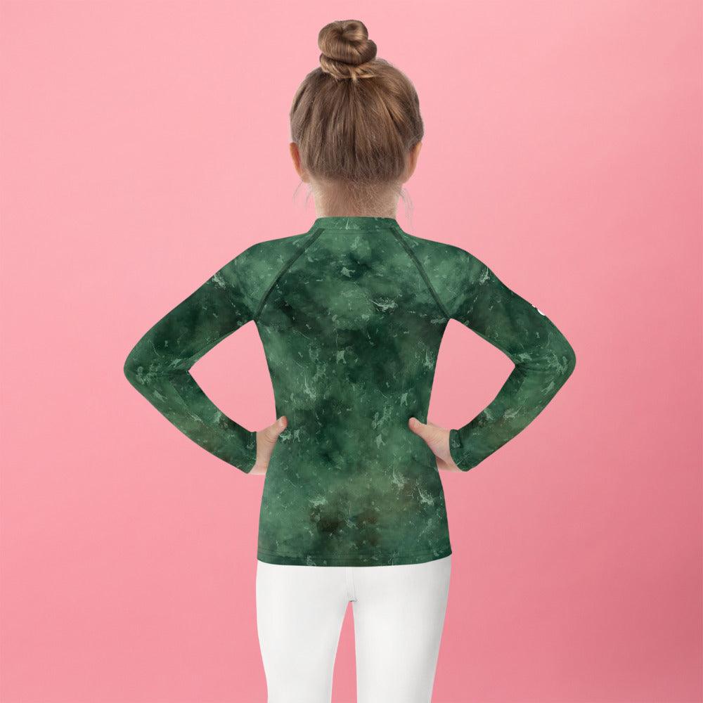 Close-up of Ethereal Feline design on Kids Rash Guard.