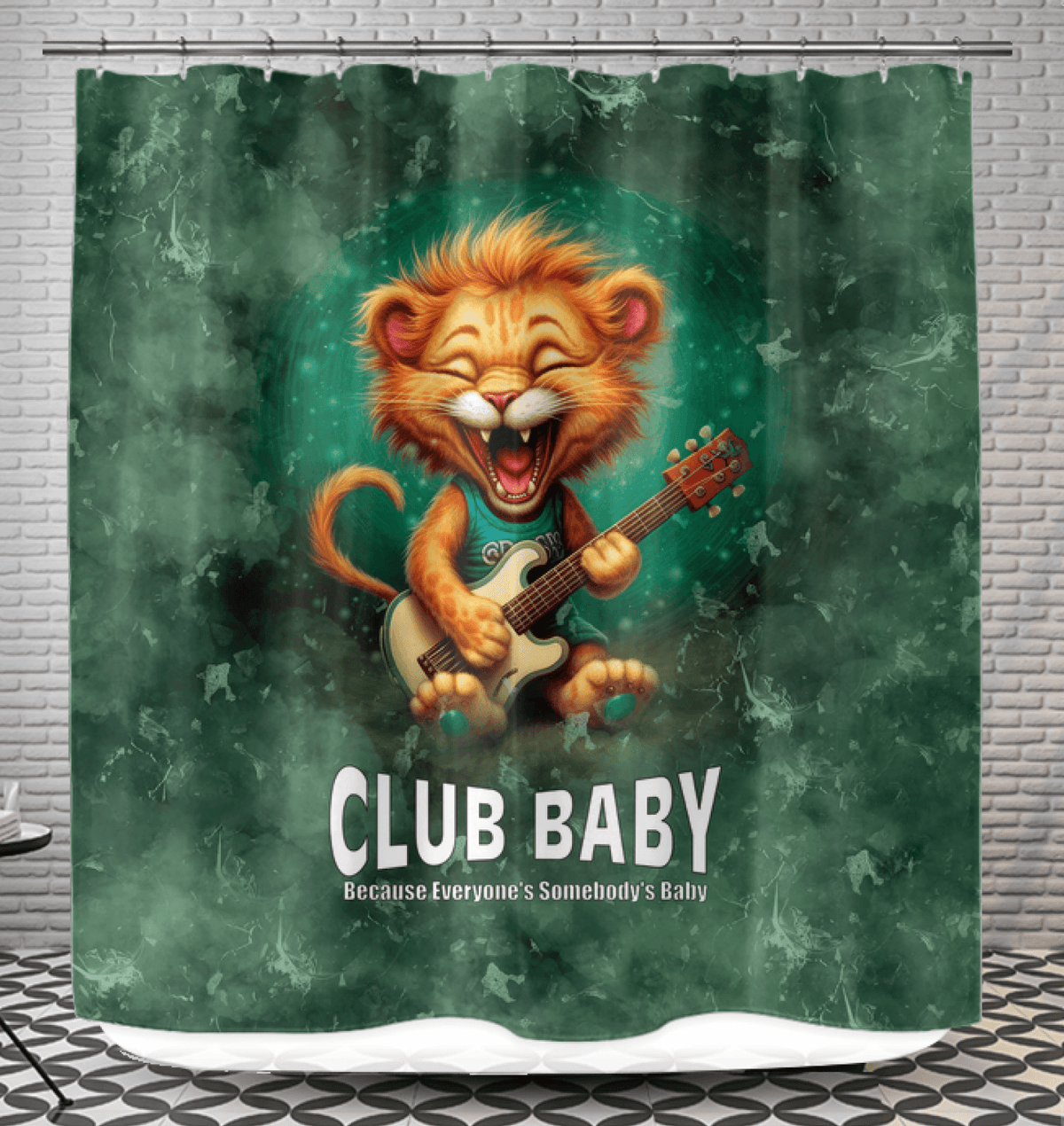 Elegant shower curtain with ethereal cat illustrations in a serene setting.