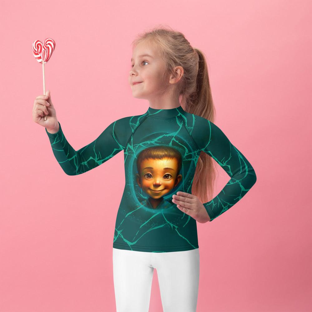 Child wearing Ethereal Innocence Glances Rash Guard at the beach.