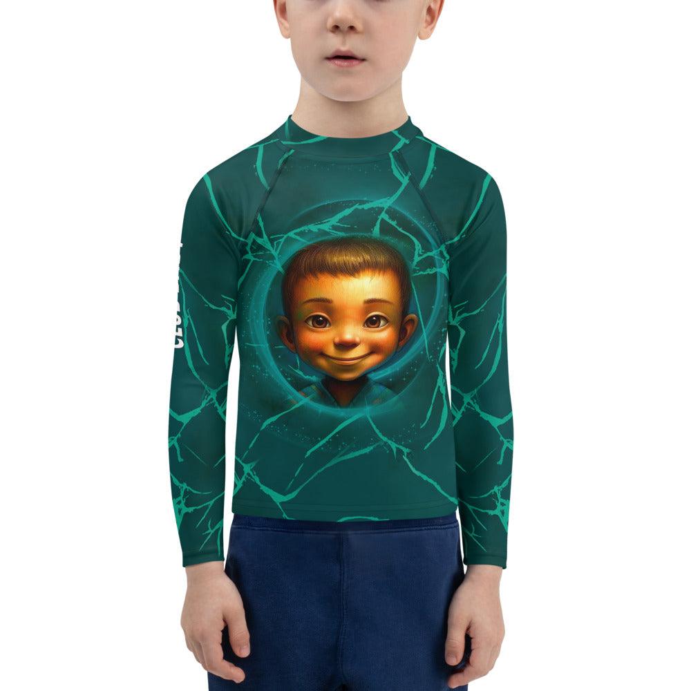 Kid playing in the sand wearing Ethereal Innocence Rash Guard.
