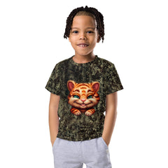 Child smiling in Ethereal Tiger Beauties crew neck t-shirt vibrant print.