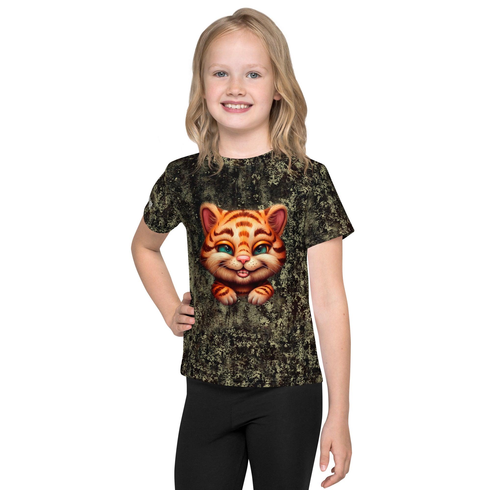 Ethereal Tiger kids t-shirt in natural light showcasing vibrant colors.