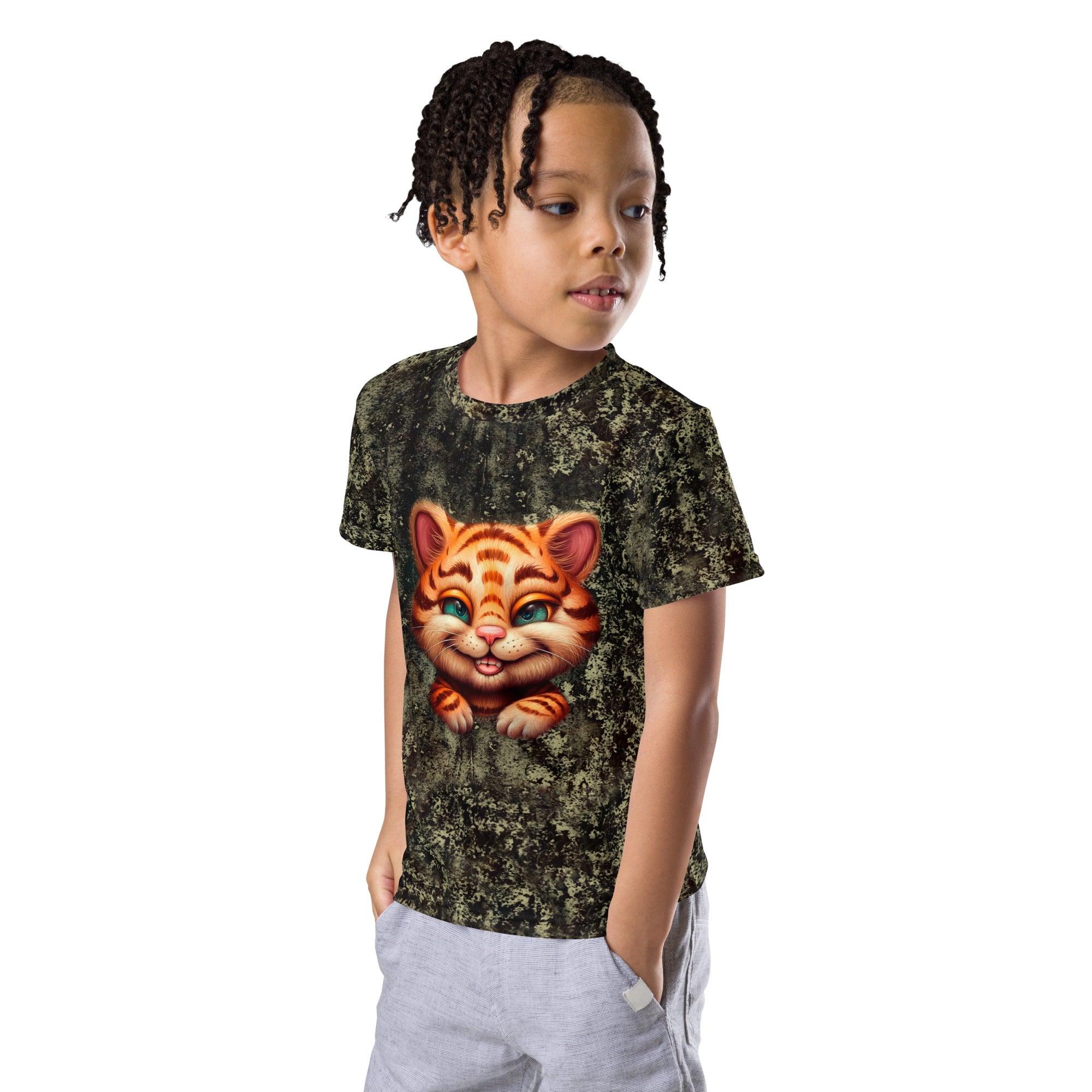 Child running in garden wearing Ethereal Tiger Beauties crew neck t-shirt.